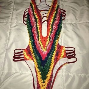 Womans Rainbow Striped Monokini One Piece Swimsuit
